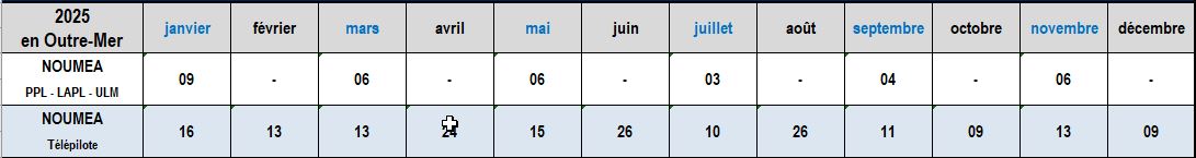 Calendrier 2025 examens théoriques non professionnels DAC NC Nouméa